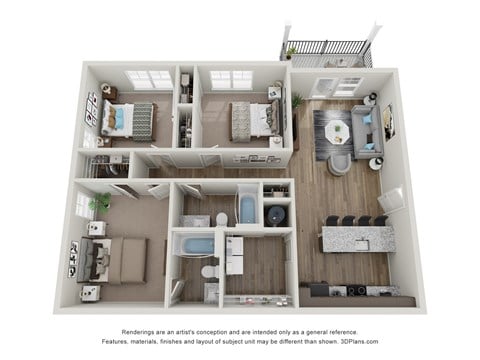Floor plan for 3 beds, 2 baths, 1170 sqft